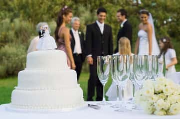 wedding cake with wedding couple in background