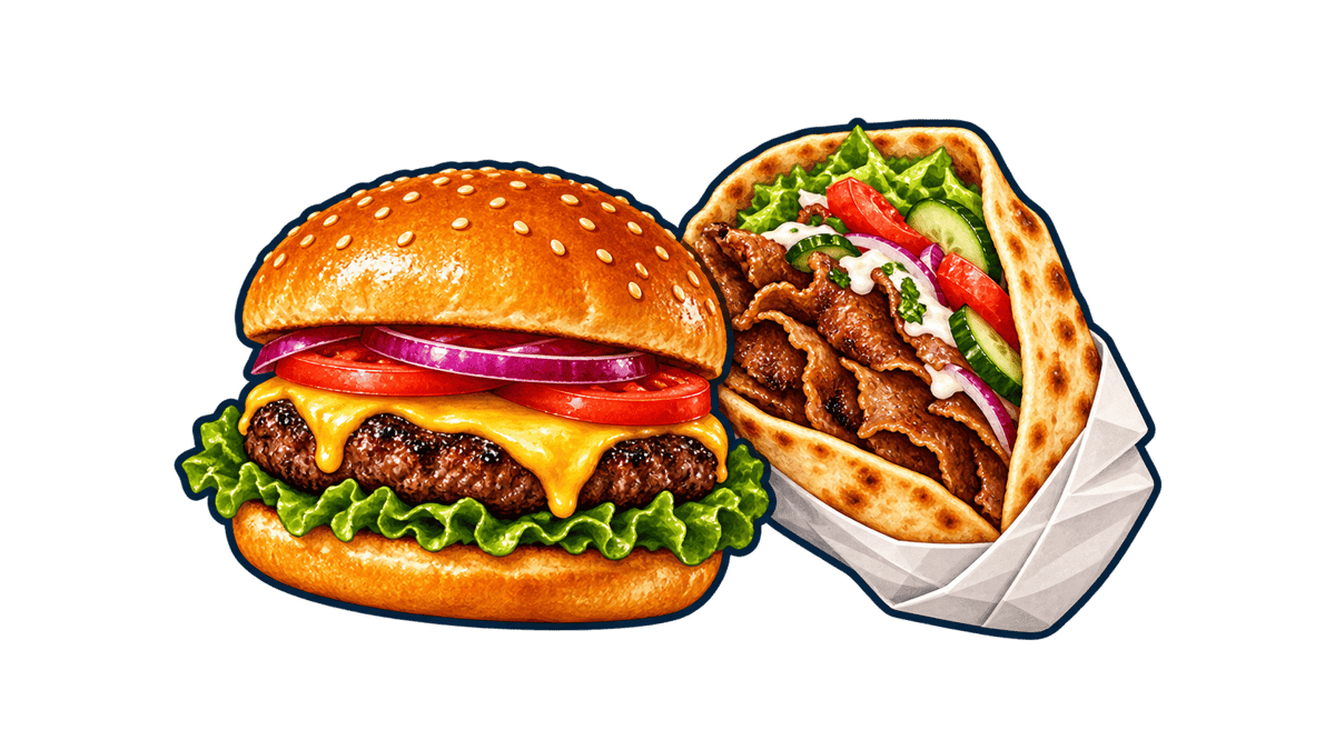 Cheeseburger with lettuce, tomato, red onion, and melted cheese alongside a grilled beef gyro with fresh vegetables
