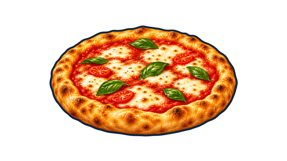 Margherita pizza with tomato sauce, melted mozzarella, fresh basil, and a golden blistered crust