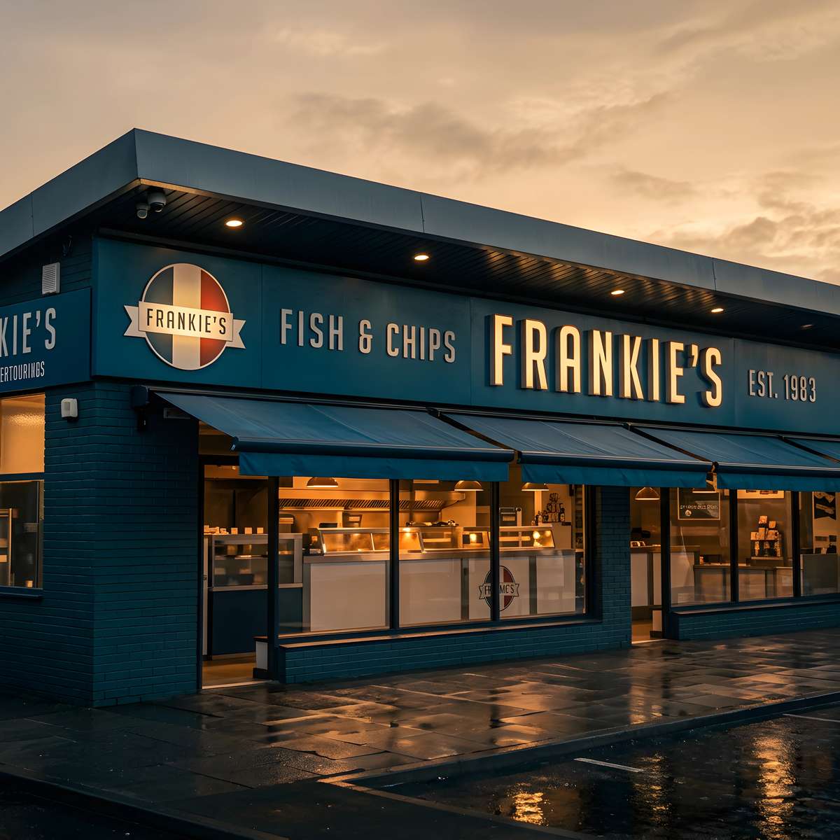 Frankie's Fish & Chips restaurant exterior at sunset with illuminated storefront signage