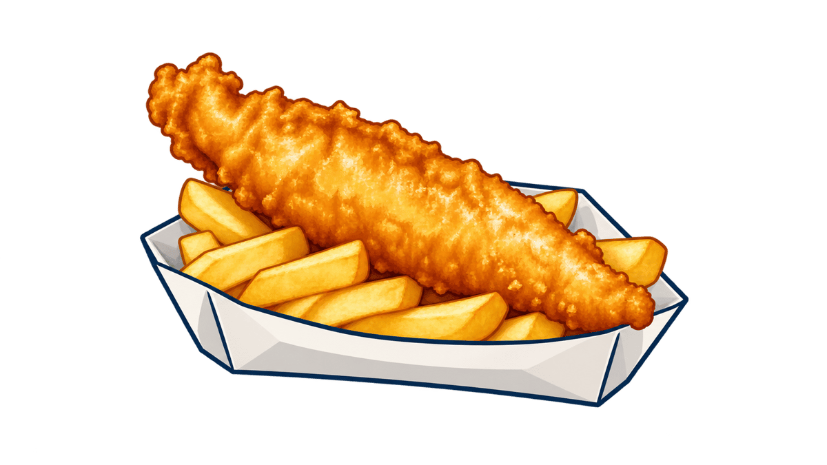 Crispy golden battered fish served with thick-cut fries in a classic fish and chips tray