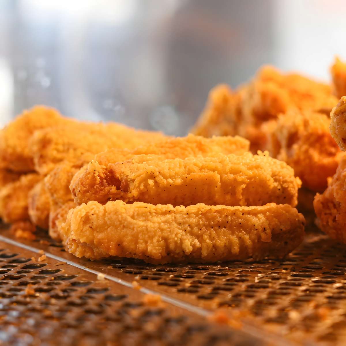 Golden crispy battered fish fillets resting on a fryer rack at a fish and chips restaurant