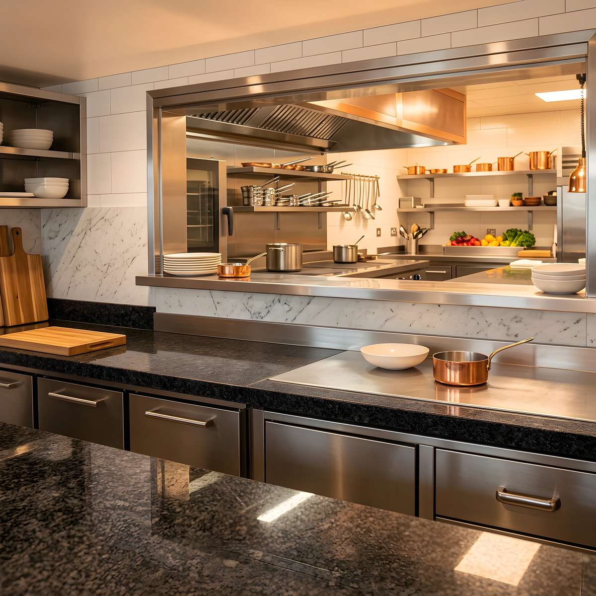 Modern open restaurant kitchen with stainless steel appliances, cookware, prep counters, and fresh ingredients