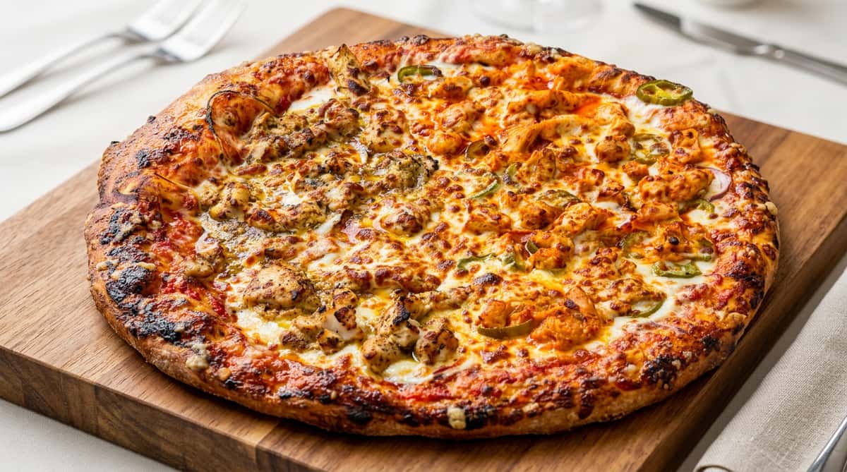 Half buffalo chicken, half BBQ chicken pizza with jalapeños and melted cheese in a pizza box.