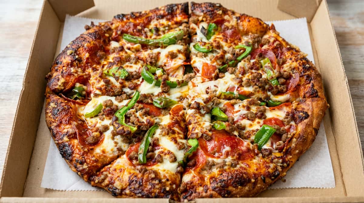 Pepperoni pizza with green bell peppers, sausage, and melted cheese in a cardboard box.
