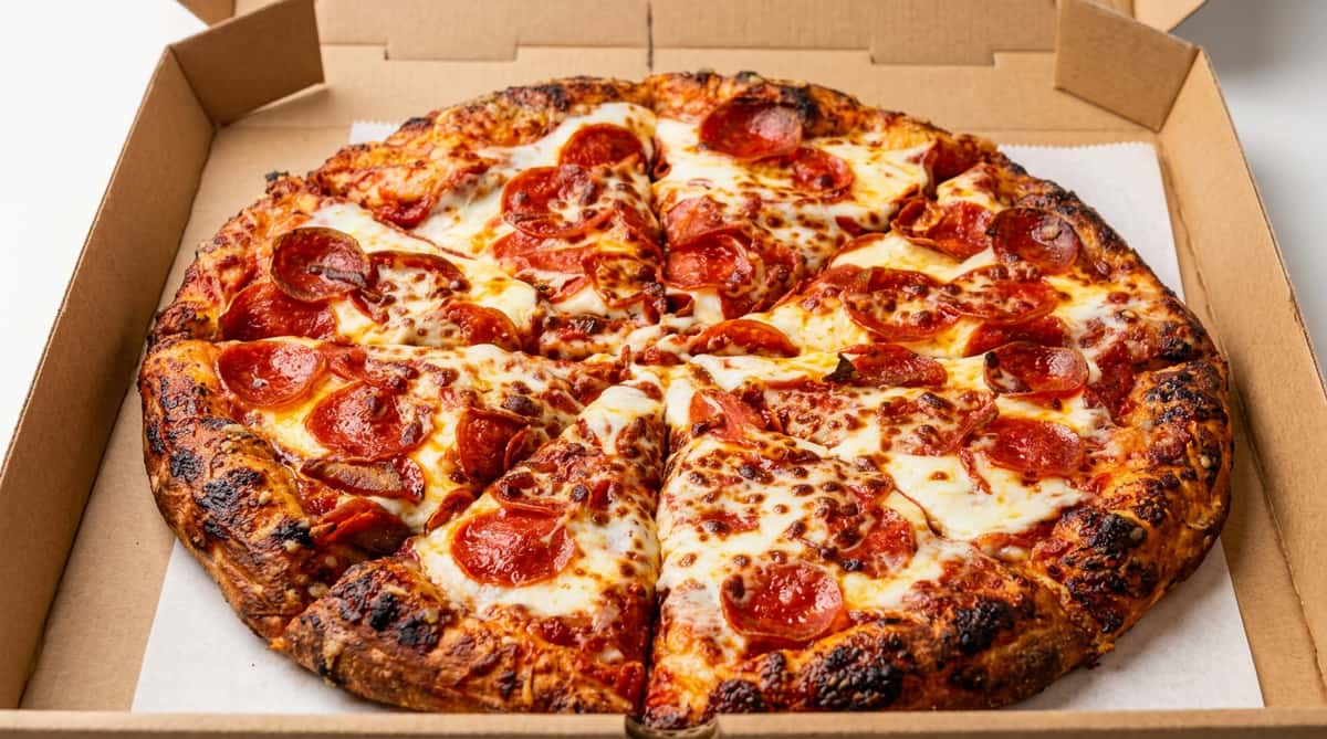 Pepperoni pizza with melted cheese and a well-done crust, sliced in a cardboard box.