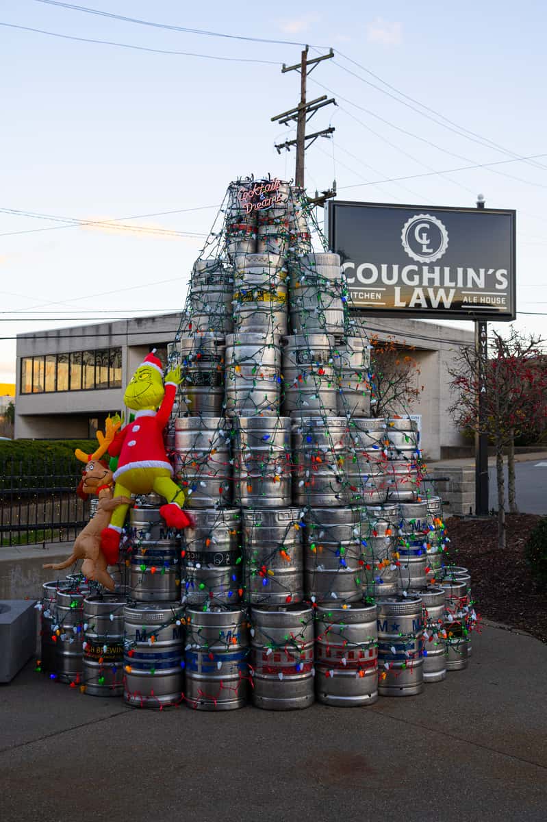 A Keg Tree decorated for Christmas outside Coughlin's Law Kitchen and Alehouse, Restaurant in Mount Washington Pittsburgh; Pittsburgh Restaurants