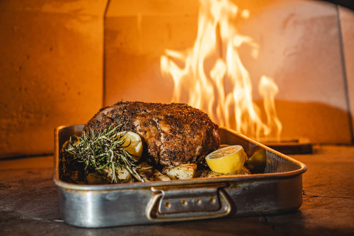 Roasted chicken in the fire oven