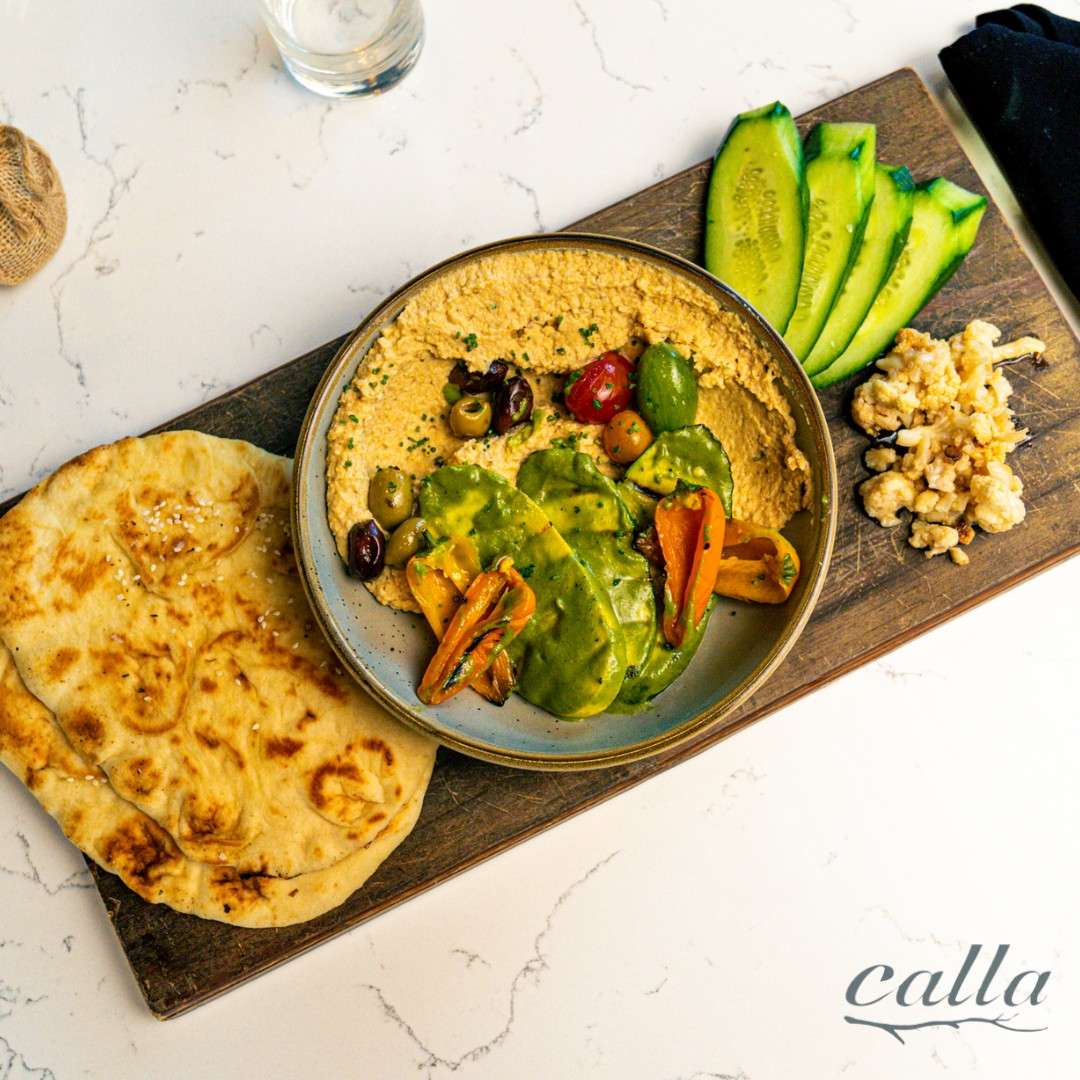 aerial view of hummus platter