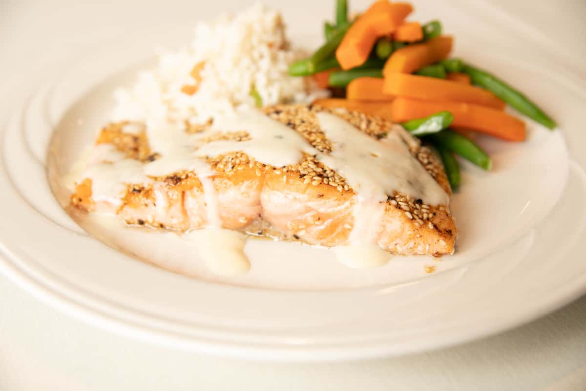 Roasted Ginger & Sesame Seed Crusted Salmon Dinner The Red Blazer American Restaurant in