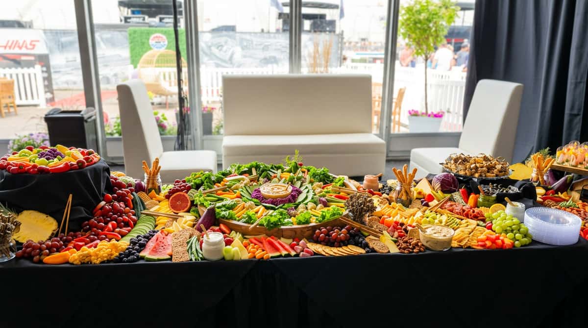 A beautifully arranged buffet spread featuring a variety of fresh, colorful dishes displayed on a long table. Garnished with vibrant vegetables and greenery, the presentation feels abundant and inviting, perfect for catering events or large gatherings.