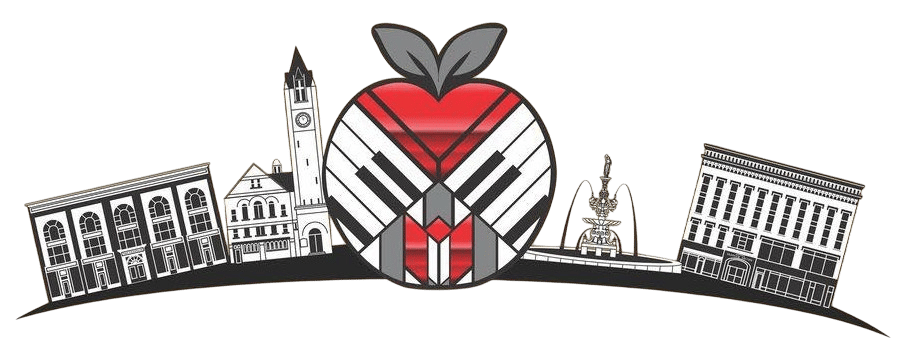 Stylized skyline illustration featuring historic buildings and a red apple with piano key patterns at the center.