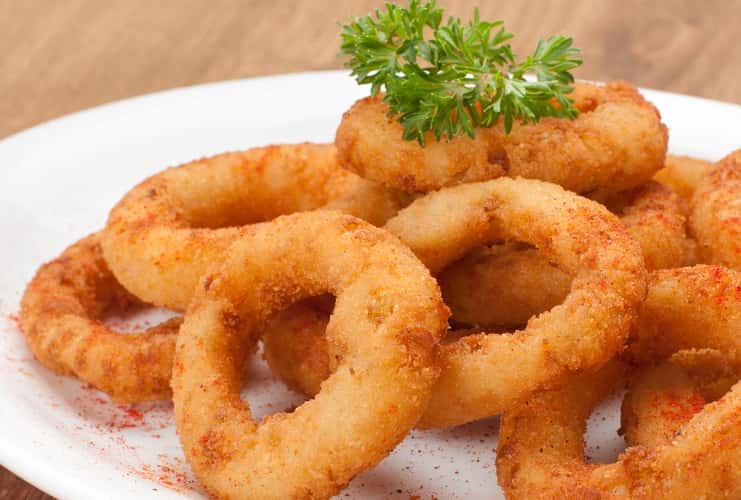 onion rings  with a green leaf on a plate