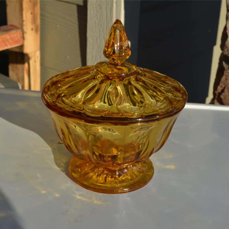 VINTAGE AMBER GLASS CANDY DISH WITH LID