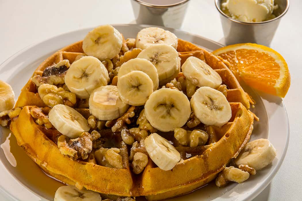 Belgian Waffles with Bananas & Walnuts