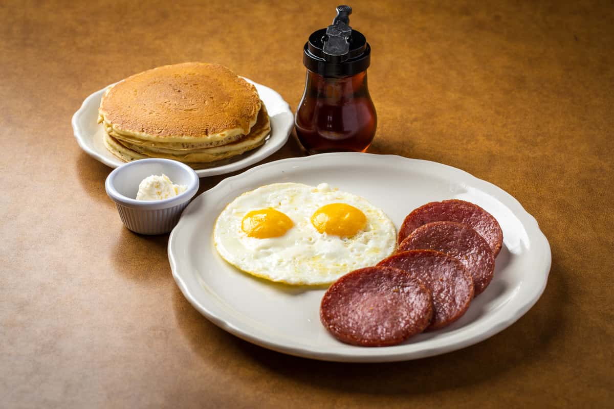 eggs pancakes and salami