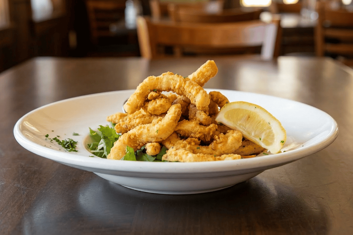 Fried meal in a bowl with seasoning and a slice of lemon