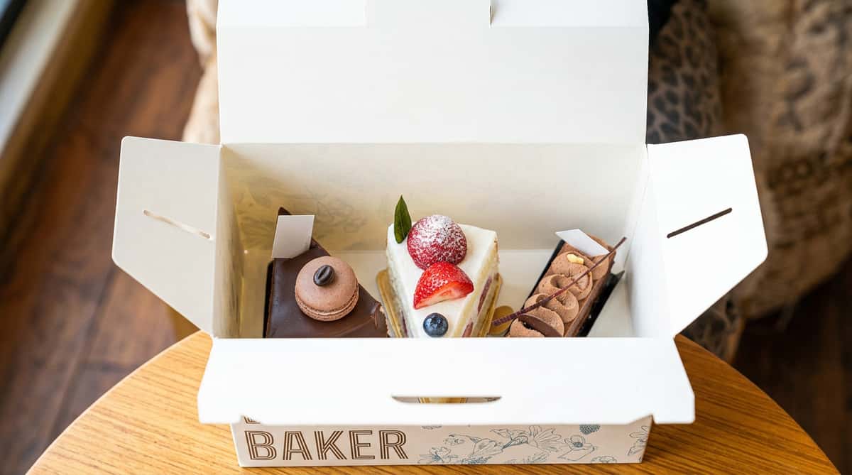 An open white bakery box containing three pastries: a white cake with strawberries, a chocolate slice with a macaron, and a chocolate log.