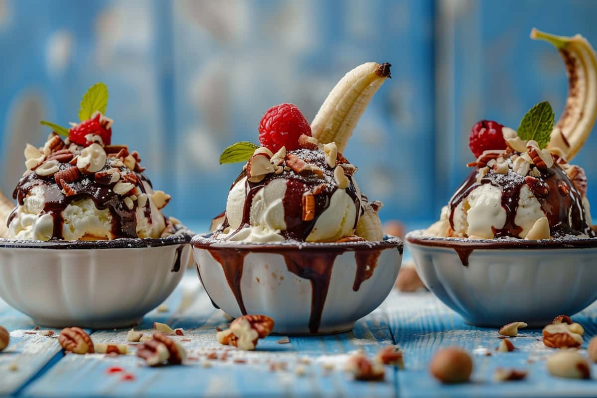 Three banana split bowls with ice cream