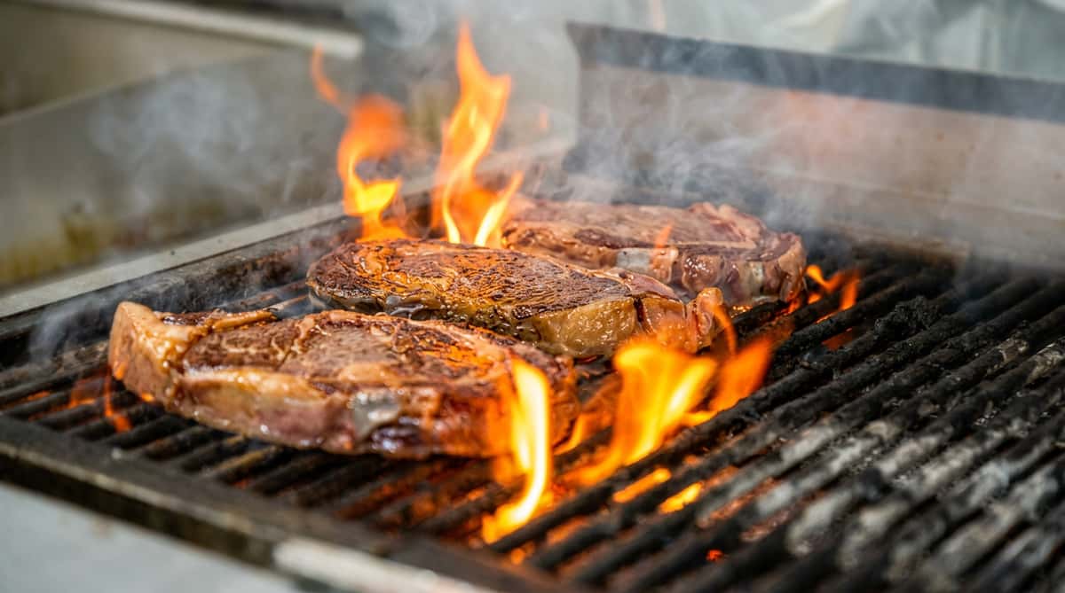 Three raw steaks searing on a hot grill with flames and smoke rising.