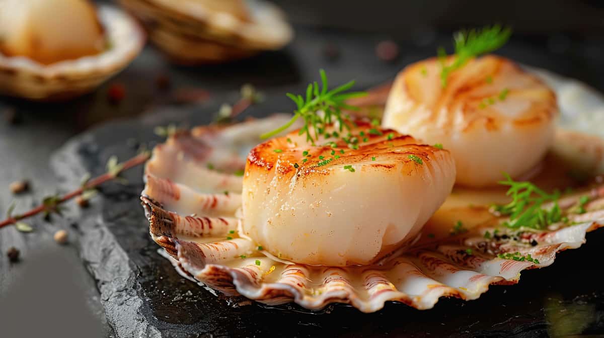 Fried scallops with butter sauce