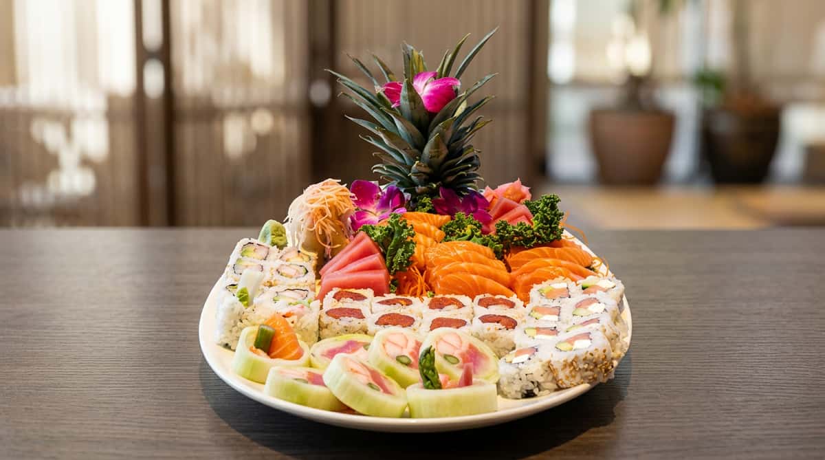 A sushi and sashimi platter featuring various rolls, tuna and salmon sashimi, cucumber-wrapped rolls, and pickled ginger, garnished with a carved pineapple.
