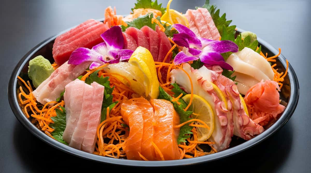 Sashimi platter with tuna, salmon, white fish, octopus, scallops, shredded carrots, lemon, ginger, wasabi and orchids.