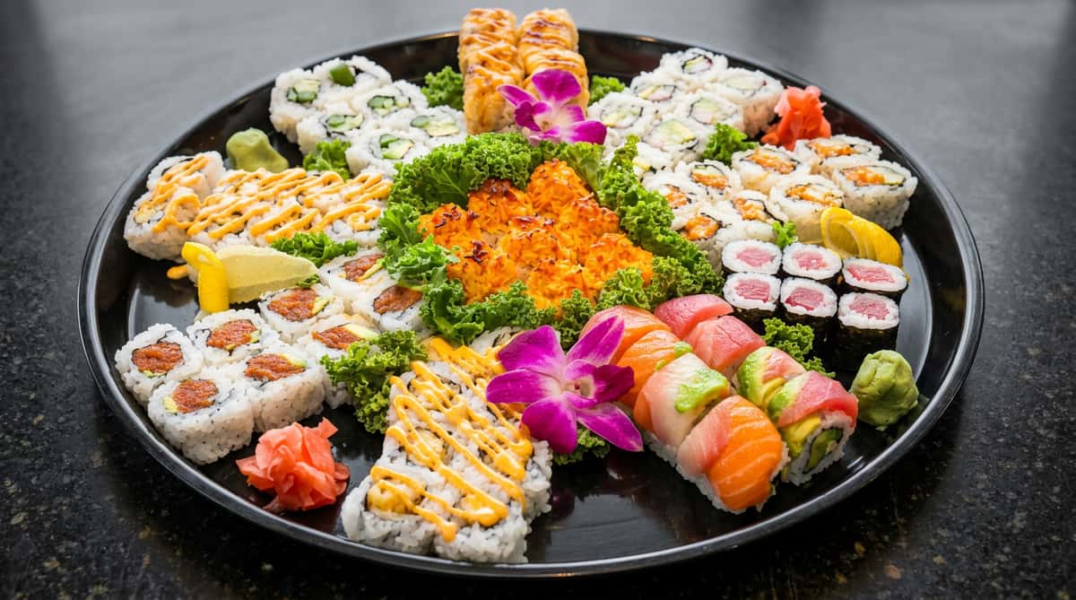 Large sushi platter with various rolls, nigiri, and sashimi, garnished with lettuce, ginger, wasabi, and orchids.