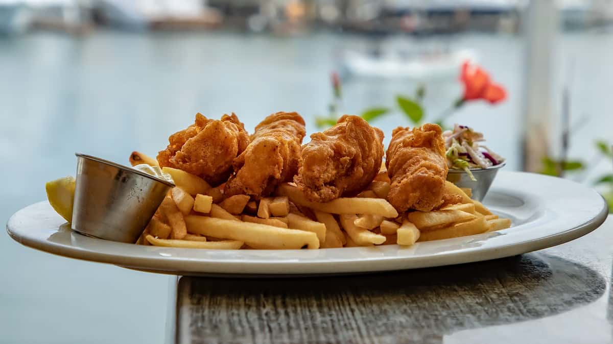 FISH & CHIPS DINNER Woody's Wharf Seafood Restaurant in Newport