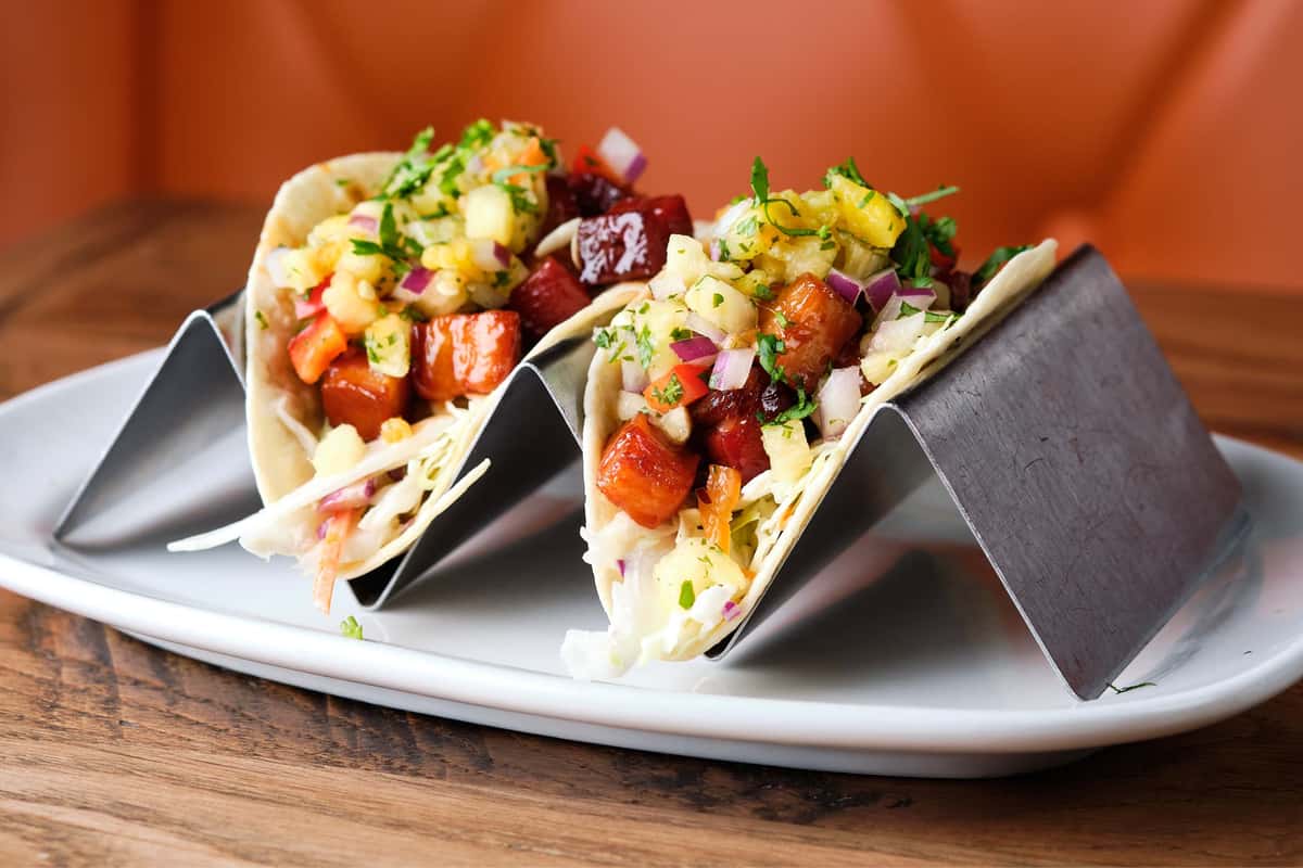 Bourbon glazed pork belly tacos