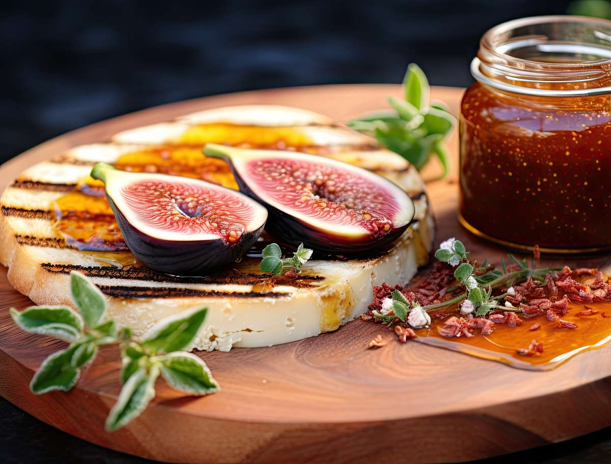 Butter board topped with sliced figs and herbs, served with a jar of honey nearby