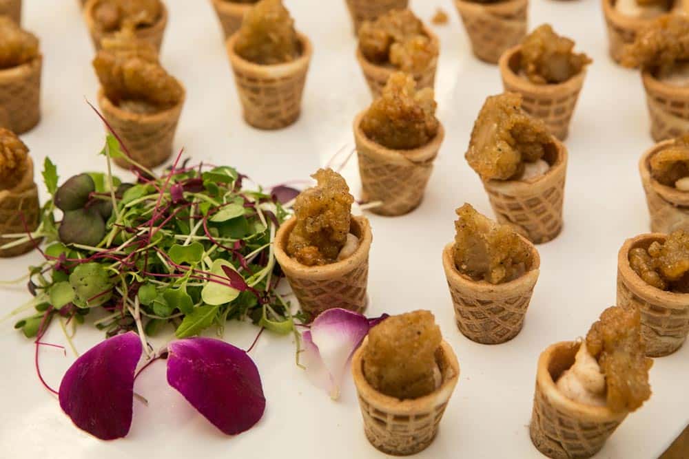 fried chicken inside of waffle cones