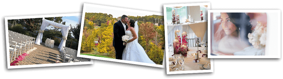 collage of four photos. Outdoor wedding ceremony setup, bride and groom kissing on top of a hill with fall foliage background,  banquet tables set with candle and flower centerpieces,  bride looking window