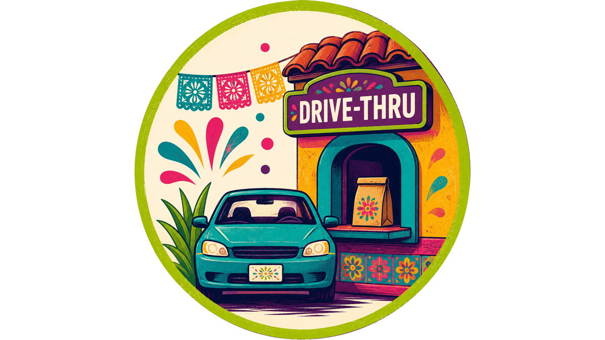 Colorful Mexican restaurant drive-thru illustration featuring a customer car at a festive pickup window with a takeout order, representing convenient Mexican food pickup and to-go service.