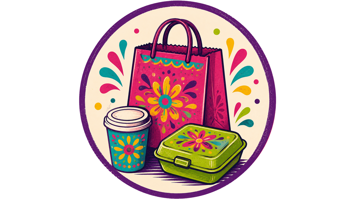 Colorful Mexican takeout illustration featuring a decorative shopping bag, coffee cup, and to-go food container with vibrant floral artwork, representing Mexican restaurant takeout and delivery.