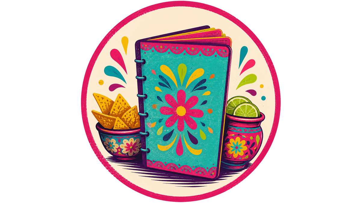 Colorful Mexican restaurant menu illustration with a decorative menu book, tortilla chips, and fresh lime slices, representing authentic Mexican dining, food, and drink offerings.