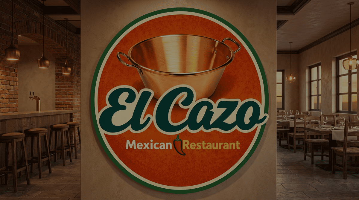El Cazo Mexican Restaurant logo featuring a polished copper cooking pot on a bold circular sign displayed inside the restaurant, highlighting authentic Mexican dining and a warm, welcoming atmosphere.