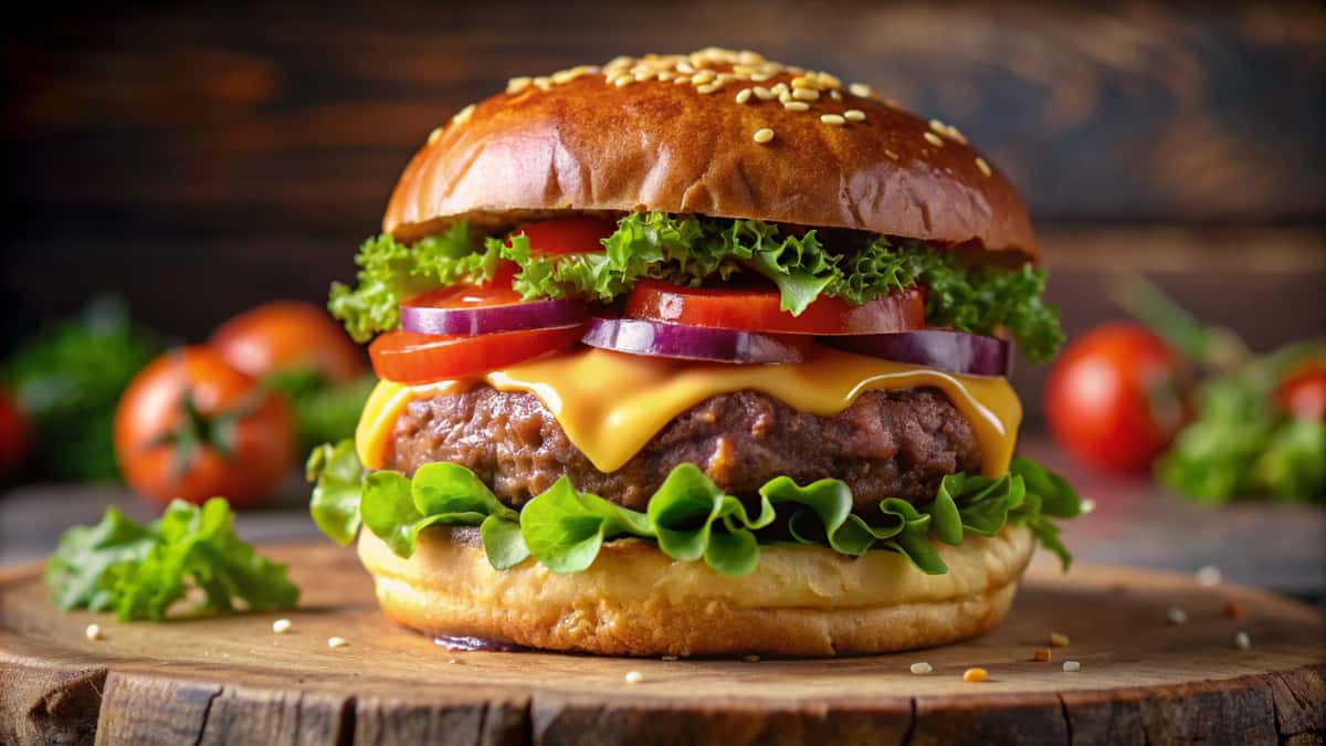 Hangry's Grill juicy cheeseburger sits on a wooden board, ready to be eaten.