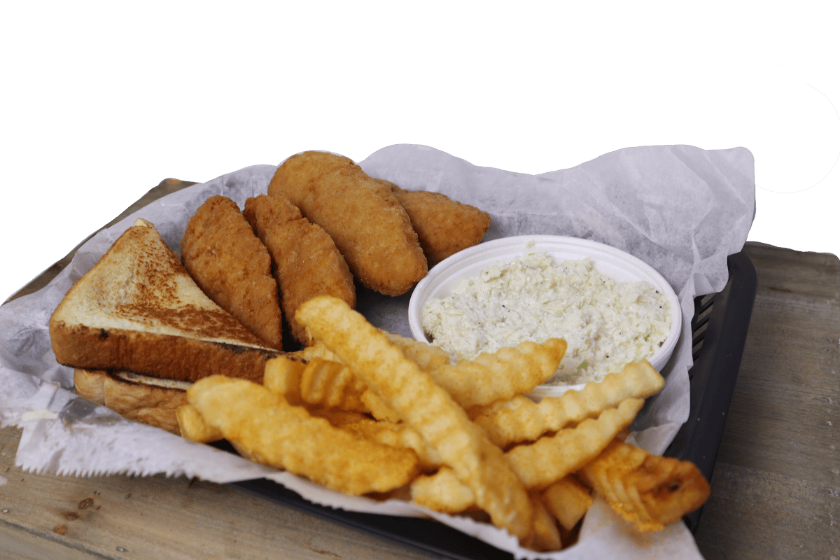 Hangry's Grill's Fried fish, fries, and dipping sauce on a tray.