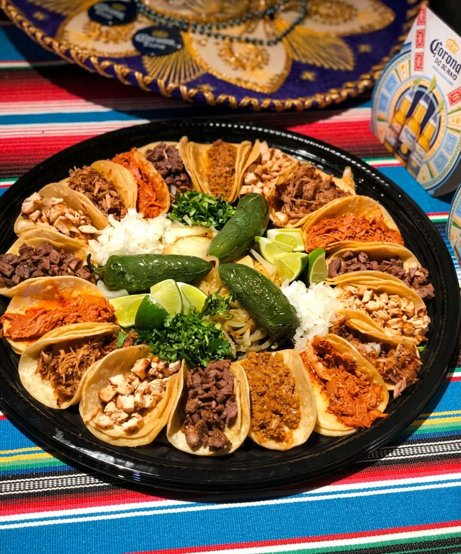 Taco platter with various meat fillings, onions, cilantro, lime wedges, and jalapeños on a black tray.