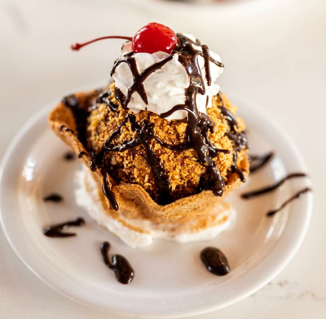 Fried ice cream with whipped cream, chocolate syrup, and a maraschino cherry in a waffle bowl on a white plate.