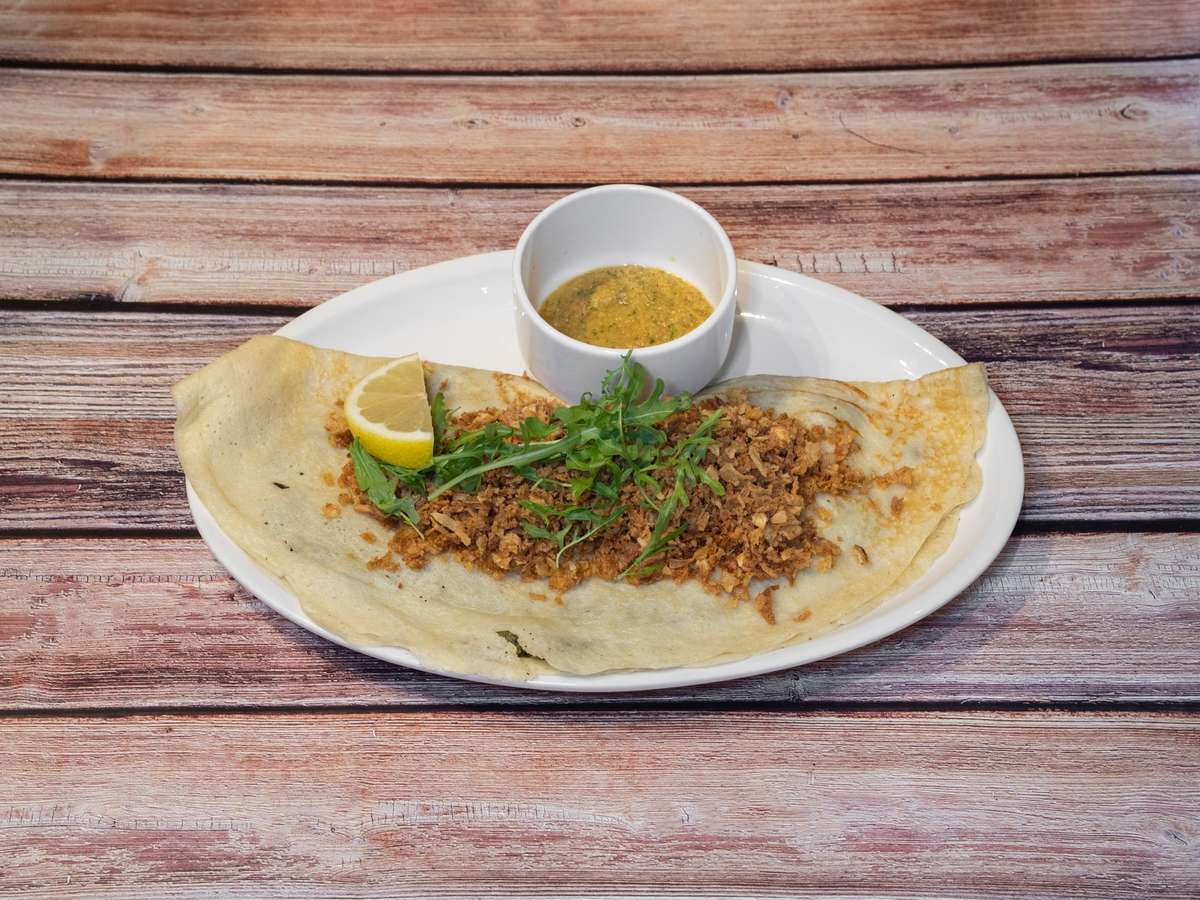 Savoury crepe with indian spiced potatoes