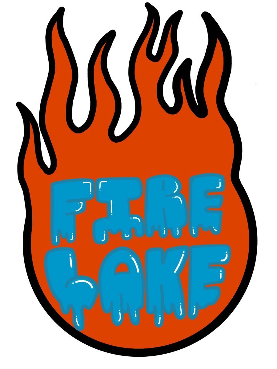 Orange Flame with the words "Fire Lake" Inside with the color blue