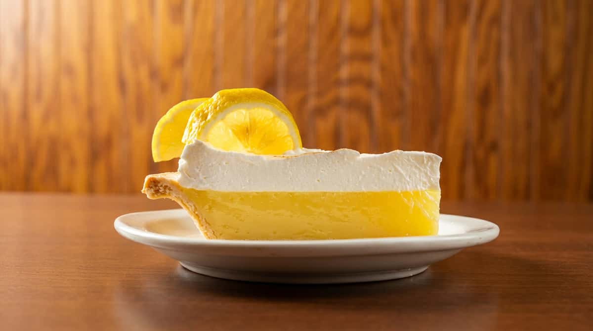 Slice of lemon meringue pie with a golden crust, bright yellow filling, white meringue, and two lemon slices on top.