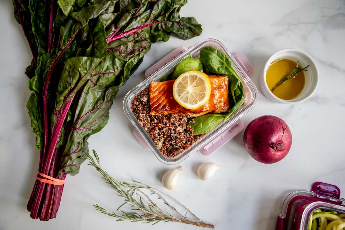 prepped lunch surrounded by natural ingredients