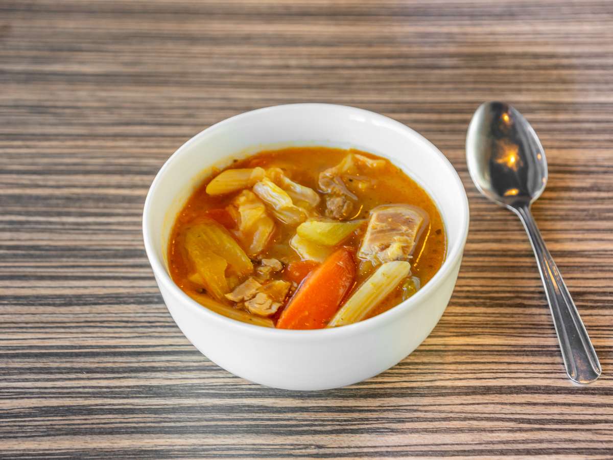 Slow cooked chicken, butternut squash, fresh seasonal vegetables meld together in a creamy aromatic broth