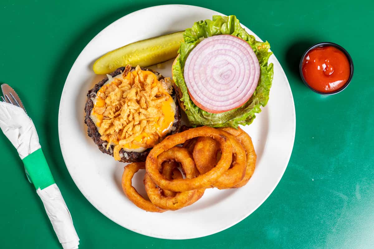burger and onion rings