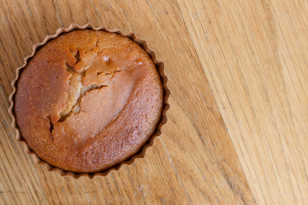 Fresh-baked vanilla muffin with a golden brown top, served as a simple and wholesome breakfast pastry.