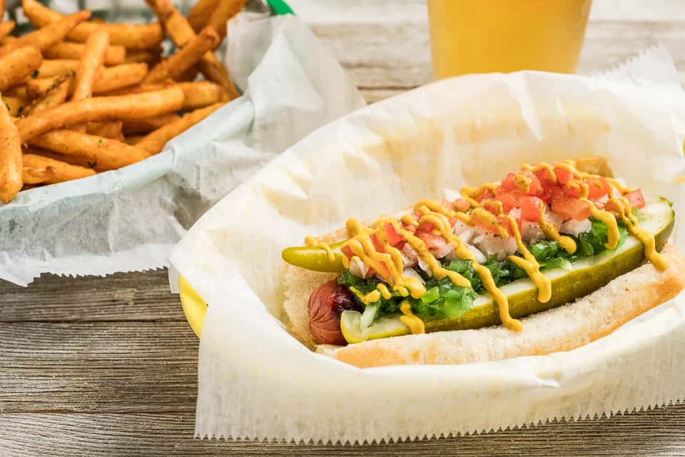 Chicago Dog Fries and Beer