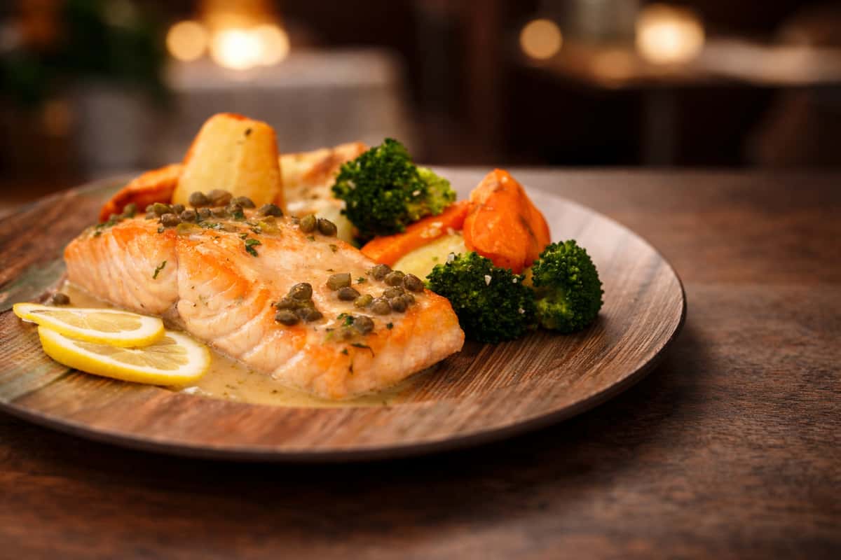 Pan-seared salmon fillet topped with capers and lemon butter sauce, served with roasted potatoes, broccoli, and carrots on a rustic wooden table in an upscale restaurant setting.